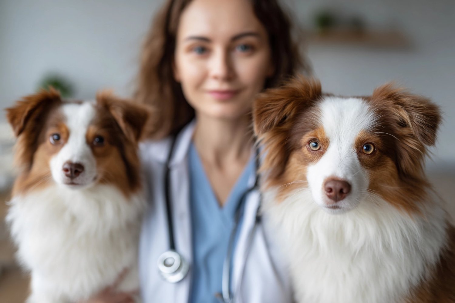Une vétérinaire examine un chien et un chat, à côté de sacs de croquettes