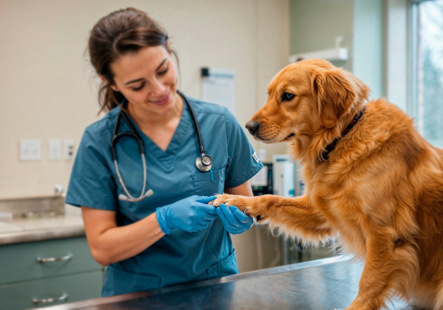 Une vétérinaire explique à une propriétaire le traitement d’un chien et d’un chat